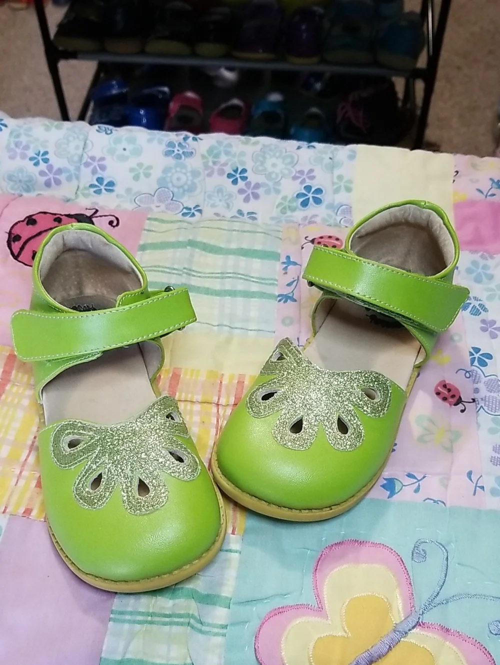 Livie & Luca Lime Green Leather Mary Jane Shoes with Glitter Size 12 Petals